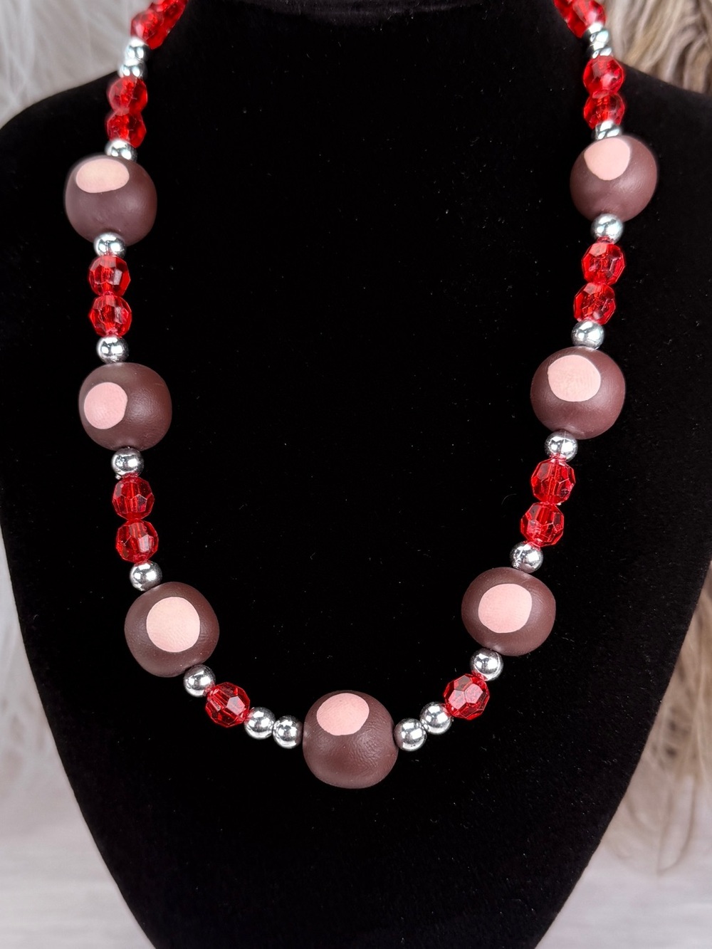 Red Brown Polka Dot Beaded Statement Necklace Retro Mod Costume Jewelry